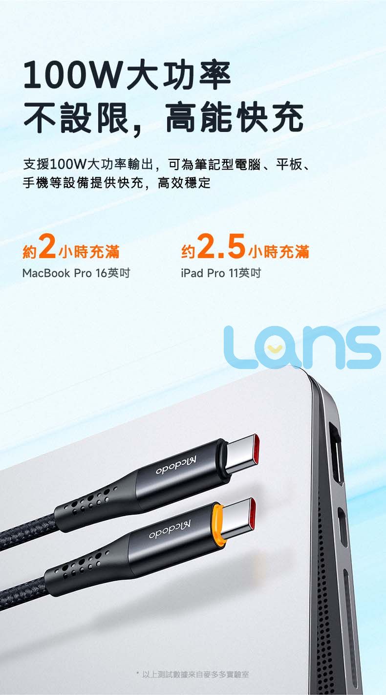 100W大功率不設限,高能快充支援100W大功率輸出,可為筆記型電腦平板、手機等設備提供快充,高效穩定約2小時充滿MacBook Pro 16英吋约2.5小時充滿iPad Pro 11英吋測試數據實驗室