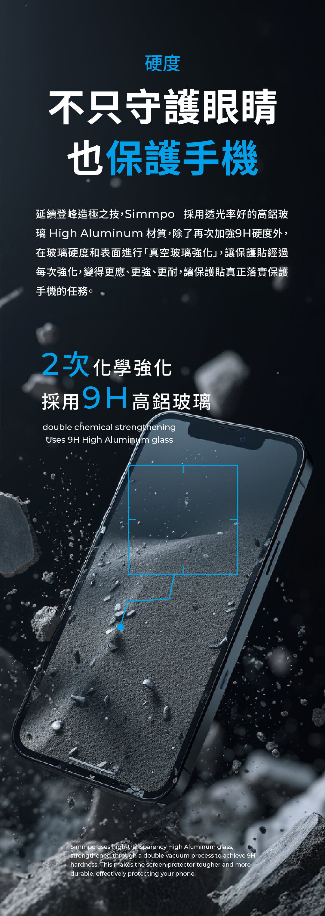 硬度不只守護眼睛也保護手機延續登峰造極之技Simmpo 採用透光率好的高鋁玻璃 High Aluminum 材質,除了再次加強9H硬度外,在玻璃硬度和表面進行「真空玻璃強化,讓保護貼經過每次強化,變得更應、更強、更耐,讓保護貼真正落實保護手機的任務。2次化學強化採用9H高鋁玻璃double chemical strengtheningUses 9H High Aluminum glassSimmpo uses hightransparency High Aluminum glass,strengthened through a double vacuum process to achieve 9Hhardness. This makes the screen protector tougher and moredurable, effectively protecting your phone.