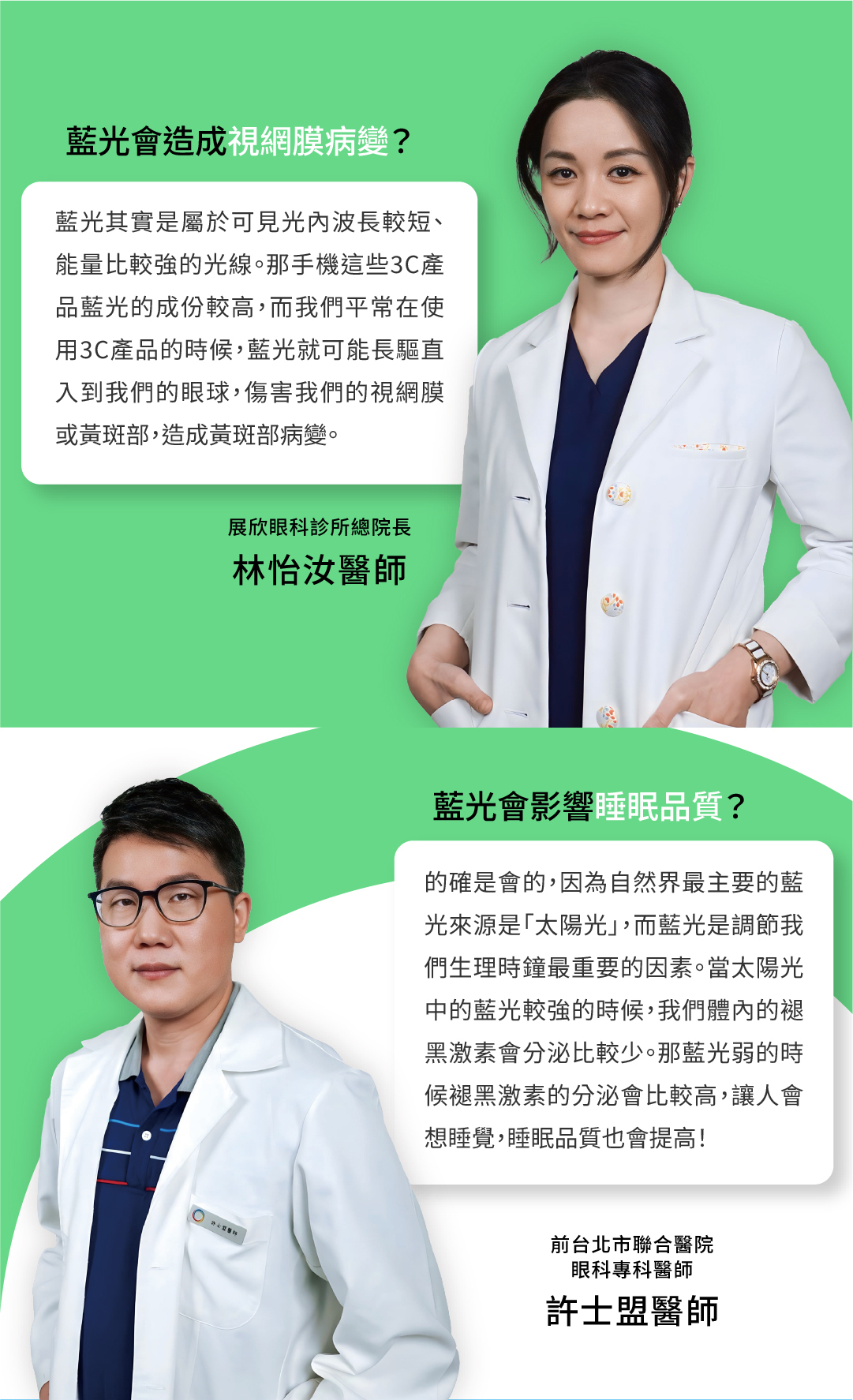 藍光會造成視網膜病變藍光其實是屬於可見光內波長較短、能量比較強的光線。那手機這些3C產品藍光的成份較高,而我們平常在使用3C產品的時候,藍光就可能長驅直入到我們的眼球,傷害我們的視網膜或黃斑部,造成黃斑部病變。展欣眼科診所總院長林怡汝醫師藍光會影響睡眠品質?的確是會的,因為自然界最主要的藍光來源是「太陽光,而藍光是調節我們生理時鐘最重要的因素。當太陽光中的藍光較強的時候,我們體內的褪黑激素會分泌比較少。那藍光弱的時候褪黑激素的分泌會比較高,讓人會想睡覺,睡眠品質也會提高!前台北市聯合醫院眼科專科醫師許士盟醫師