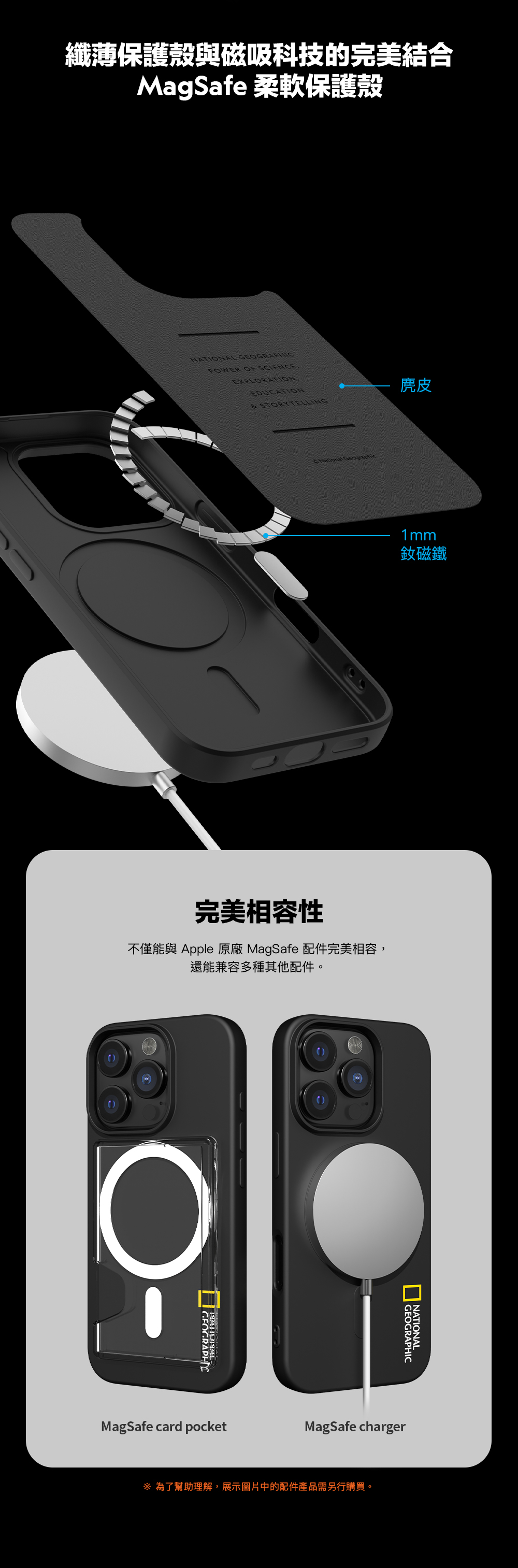 纖薄保護殼與磁吸科技的完美結合MagSafe 柔軟保護殼NATIONAL POWER OF SCIENCEEXPLORATIONEDUCATION& STORYTELLINGNational Geographic麂皮1mm釹磁鐵完美相容性不僅能與 Apple 原廠 MagSafe 配件完美相容,還能兼容多種其他配件。GEOGRAPHICMagSafe card pocketNATIONALGEOGRAPHICMagSafe charger 為了幫助理解,展示圖片中的配件產品需另行購買。