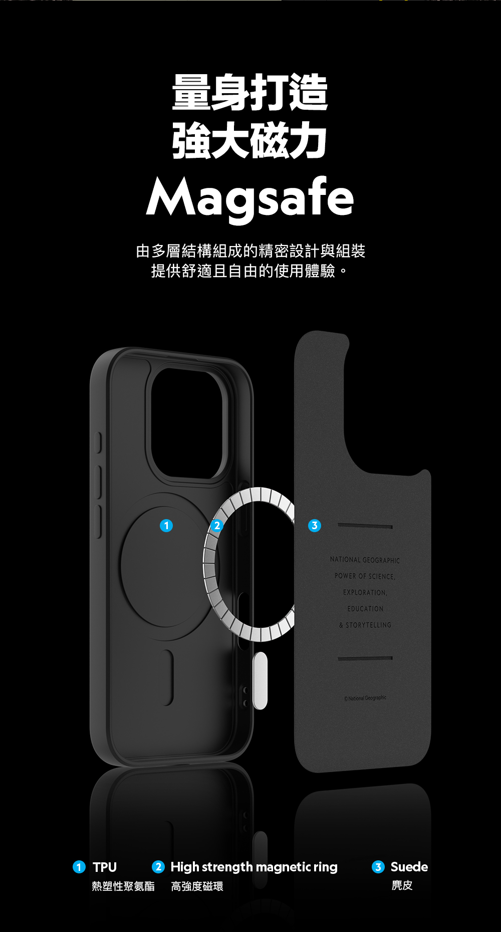 量身打造強大磁力Magsafe由多層結構組成的精密設計與組裝提供舒適且自由的使用體驗。NATIONAL GEOGRAPHICPOWER OF SCIENCEEXPLORATIONEDUCATION& STORYTELLING1 TPUHigh strength magnetic ring熱塑性聚氨酯高強度磁環National GeographicSuede麂皮