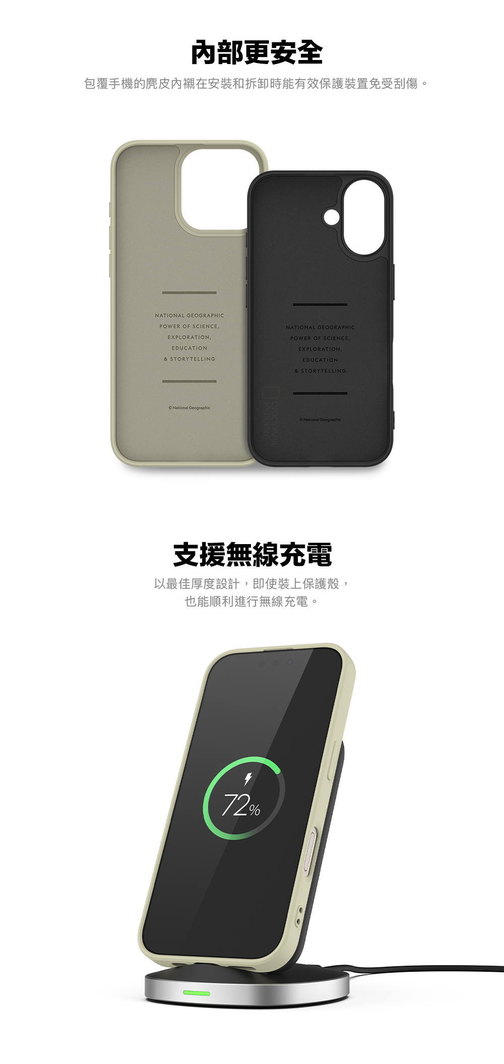 内部更安全包覆手機的在安裝和拆卸時能有效保護裝置免受刮傷。NATIONAL GEOGRAPHICPOWER OF SCIENCEEXPLORATIONEDUCATION& STORYTELLINGNATIONAL GEOGRAPHICPOWER OF SCIENCEEXPLORATION.EDUCATION& STORYTELLINGNational GeographicNational Geographic支援無線充電以最佳厚度設計即使裝上保護殼,也能順利進行無線充電。,72%