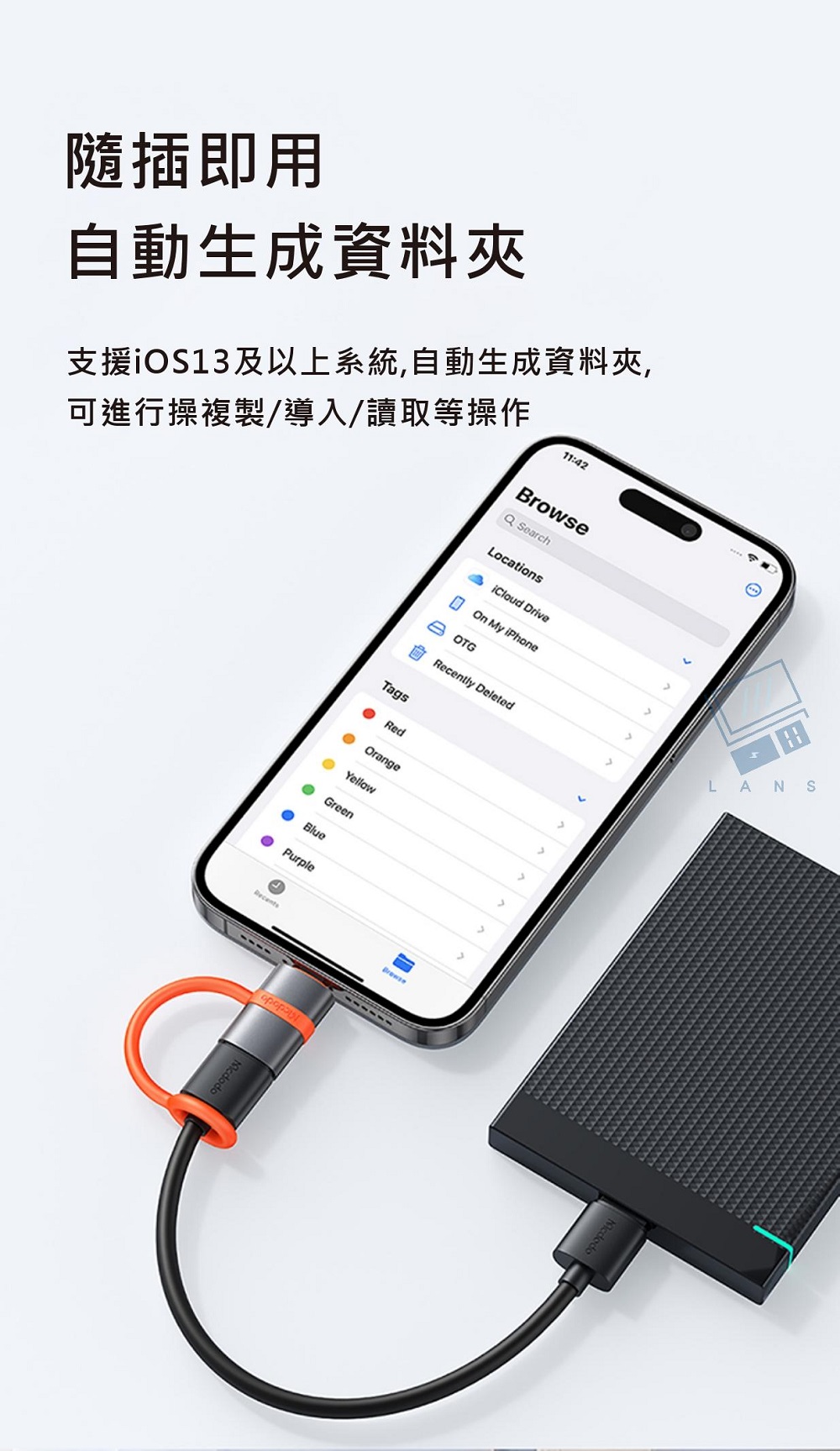 隨插即用自動生成資料夾可進行操複製/導入/讀取等操作支援iOS13及以上系統,自動生成資料夾,11:42rows SearchLocations Drive My iPhoneB OTGRecently DeletedTagsRedOrangeYelloweGreenBluePurpleLANS