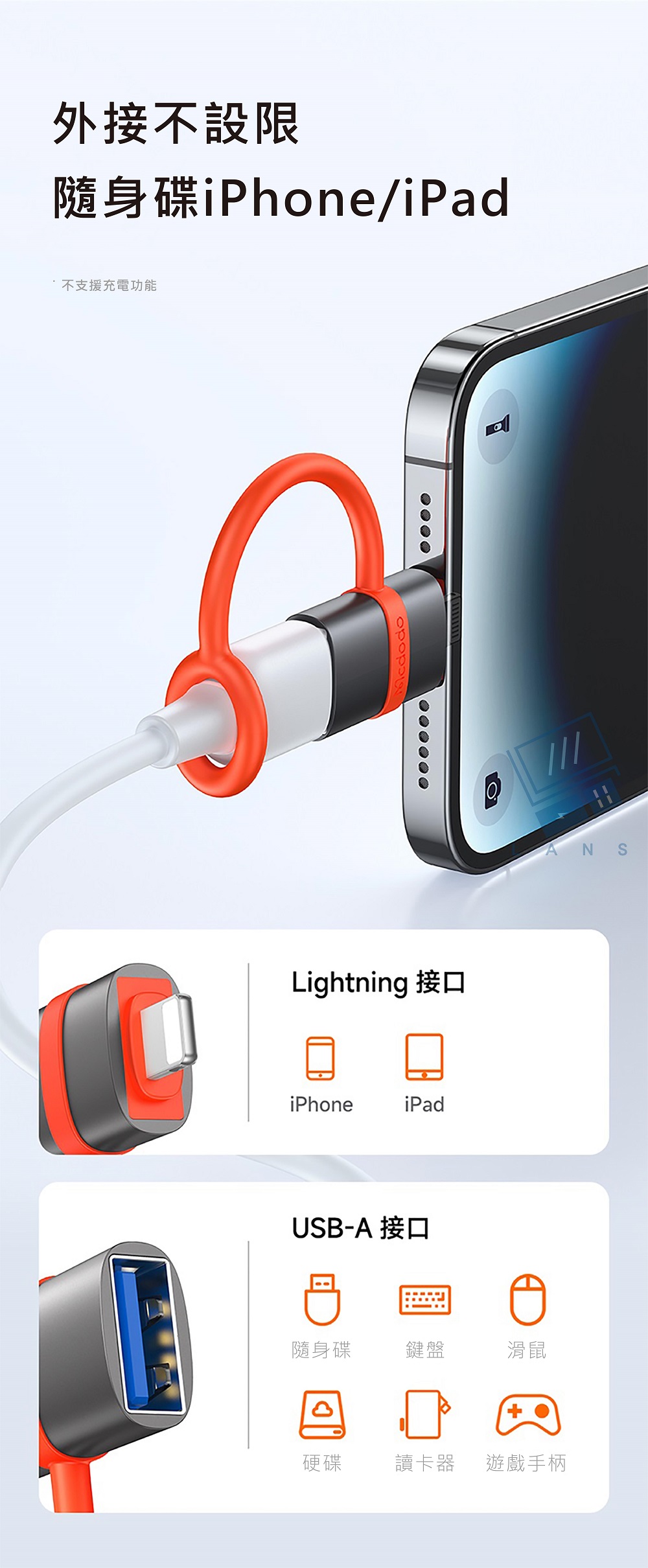 外接不設限隨身碟iPhone/iPad不支援充電功能Lightning 接口iPhoneiPadUSB-A 接口隨身碟 鍵盤滑鼠硬碟 讀卡器 遊戲手柄N S