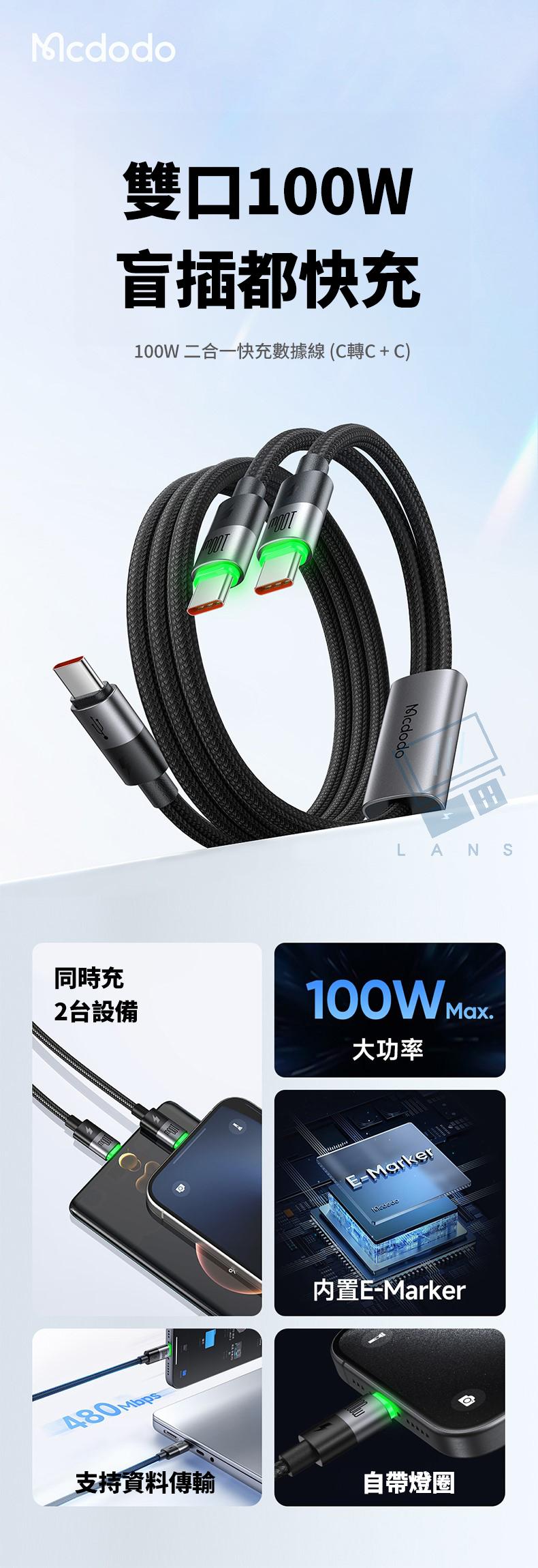 Mcdodo雙口100W盲插都快充100W 二合一快充數據線(C轉C+C)McdodoLANS同時充2台設備100W .大功率EMarker480Mbps内置E-Marker支持資料傳輸自帶燈圈