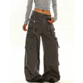多口袋飄帶闊腿工裝褲_1