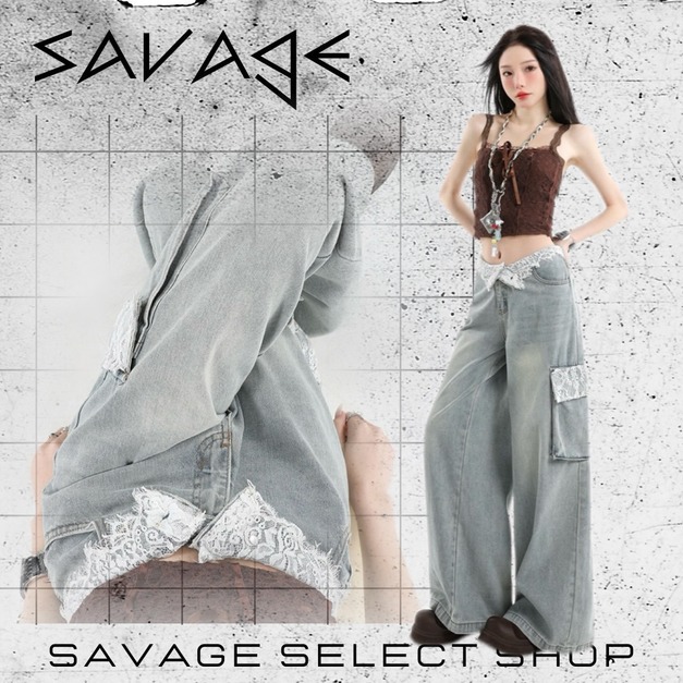 蕾絲拼接工裝牛仔褲