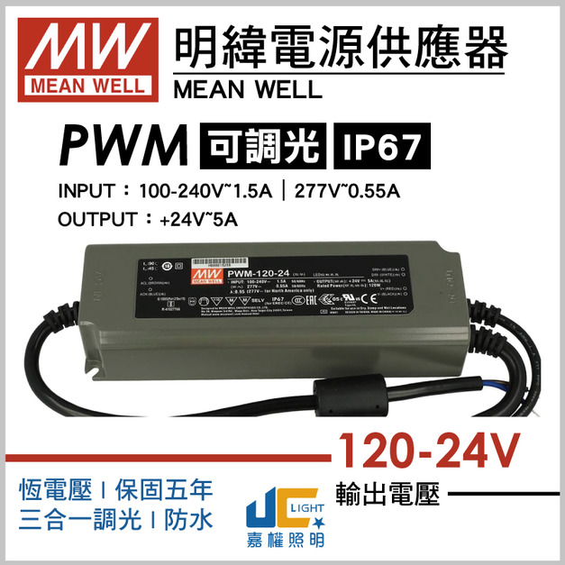 PWM-120-24調光驅動器、恆壓輸出、三合一調光、防水IP67