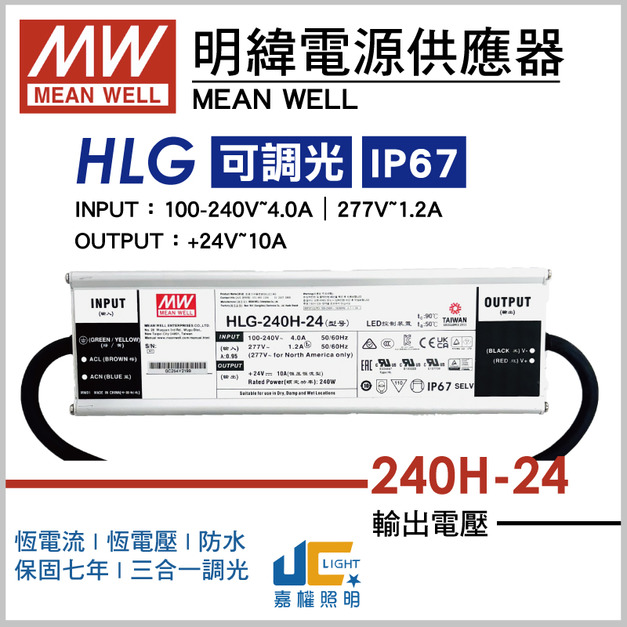 HLG-240H-24調光驅動器、恆流恆壓輸出、防水係數IP67