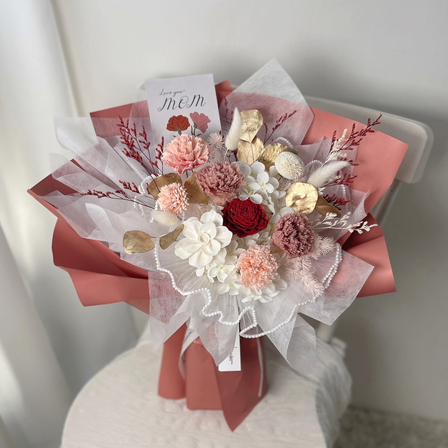 慢時芳華・康乃馨花束 (L) 紅珊瑚｜永生花束