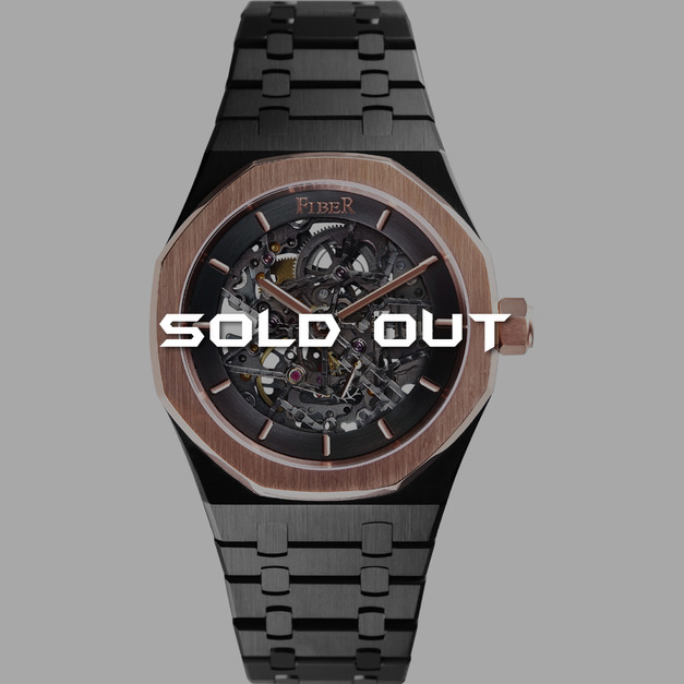 Sold out-FIBER｜8017-2-05．競速先鋒系列｜骨雕鏤空機械腕錶-黑鋼x玫瑰金