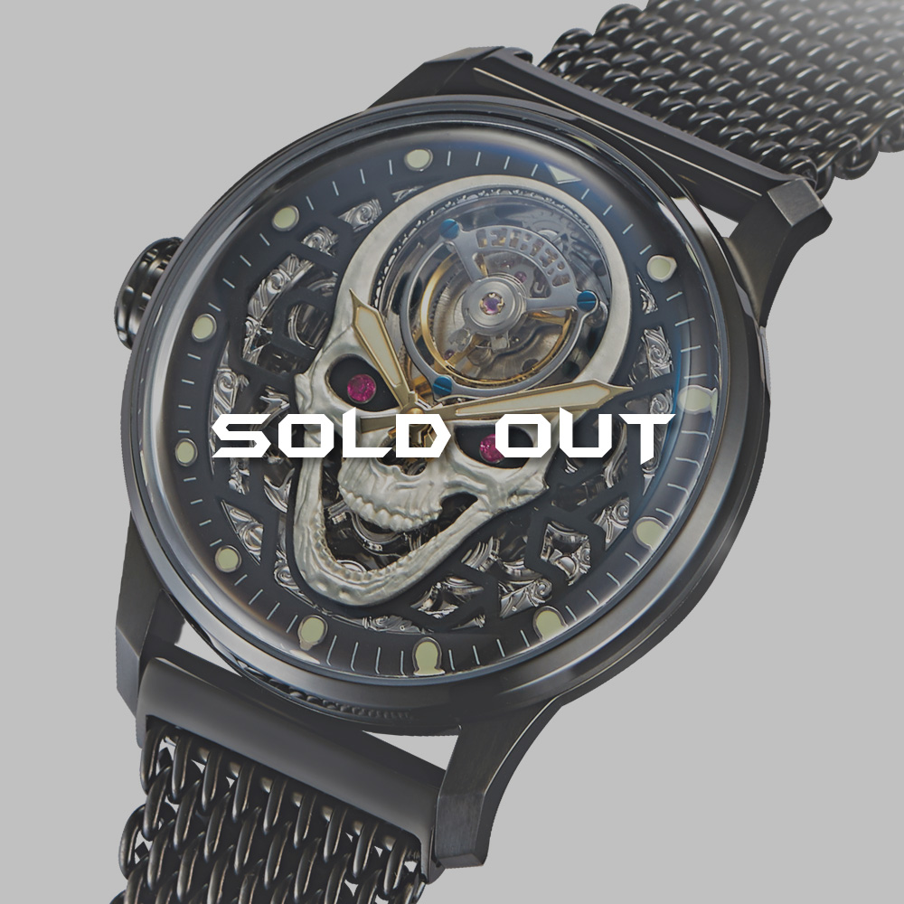 Sold out-【全台限量99只】FIBER｜思想 THINKING．骷髏｜手上鍊鏤空陀飛輪腕錶(黑鋼)