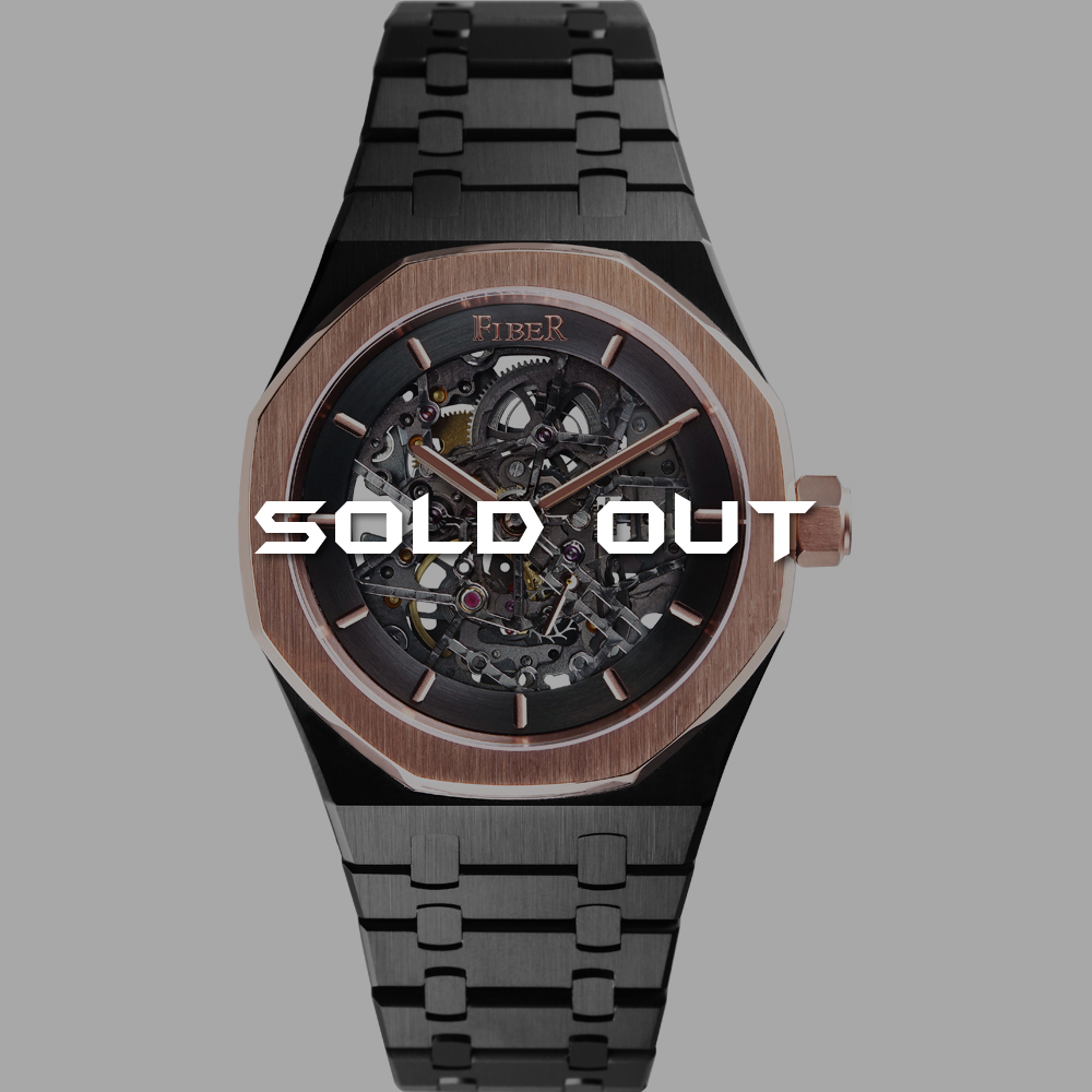 Sold out-FIBER｜8017-2-05．競速先鋒系列｜骨雕鏤空機械腕錶-黑鋼x玫瑰金