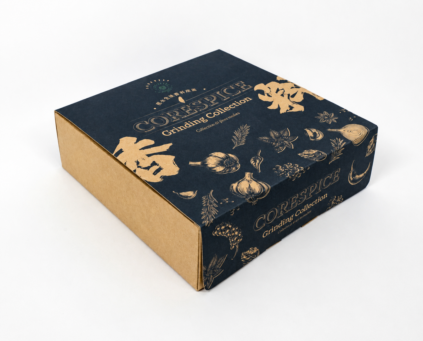 研磨禮盒完整外包裝：深藍燙金 CORESPICE 禮盒