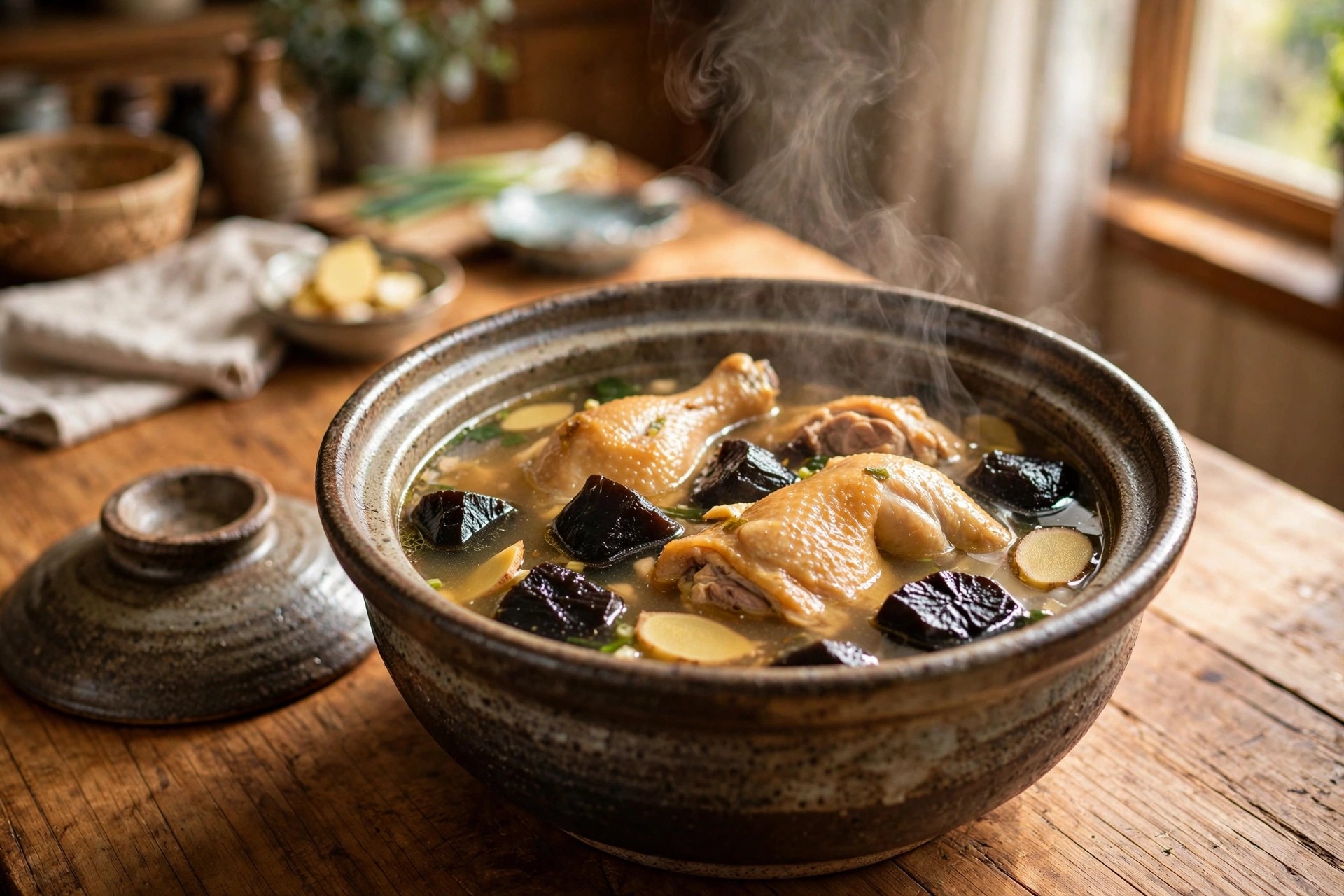 一鍋黑菜脯雞湯：陶鍋盛著金黃湯頭，裡面有軟嫩雞腿、烏黑油亮的黑菜脯塊與薑片，熱氣蒸騰，整鍋上桌
