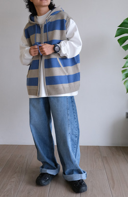 羊毛穿身上條紋連帽背心 /三色