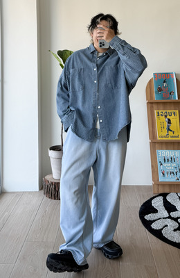 寬鬆世代！直線上升條紋丹寧襯衫 /二色