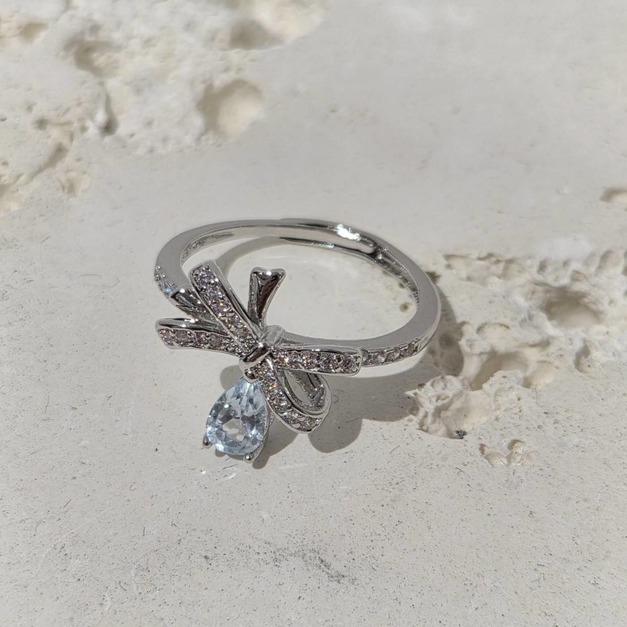 海藍寶鑲嵌戒指 蝴蝶結 戒圍可調整 天然海藍寶 戒指 台中水晶 水晶批發