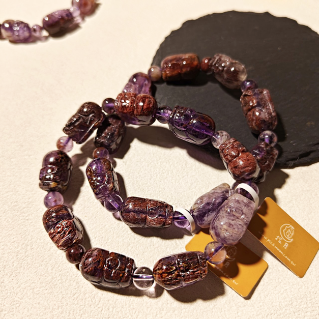 天然水晶 天然紫鈦幽靈貔貅 紫幽靈 幽靈 15-16mm/17-18mm 貔貅 單圈  圓珠 手鍊  台中水晶 水晶批發 
