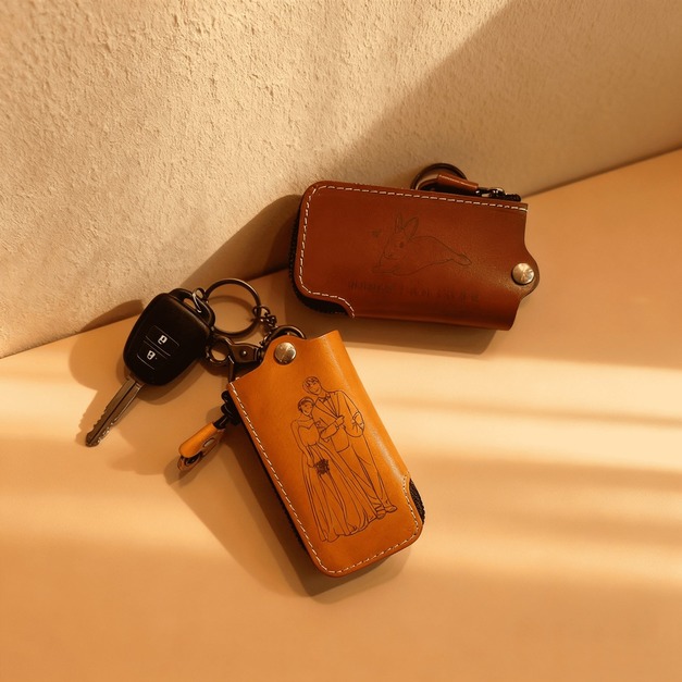 【客製化商品】植鞣革皮革鑰匙套  真皮材質 可設計圖像/文字 送禮物