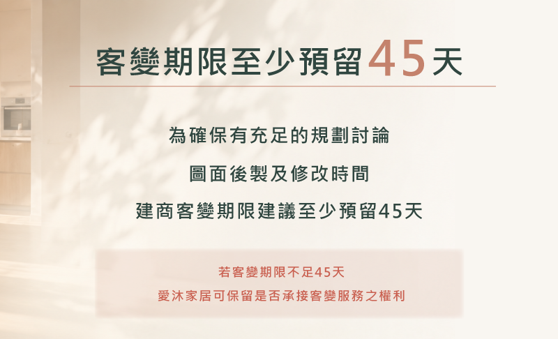 客變期限至少預留45天：為確保有充足的規劃討論、圖面後製及修改時間，建商客變期限建議至少預留45天。若客變期限不足45天，愛沐家居可保留是否承接客變服務之權利