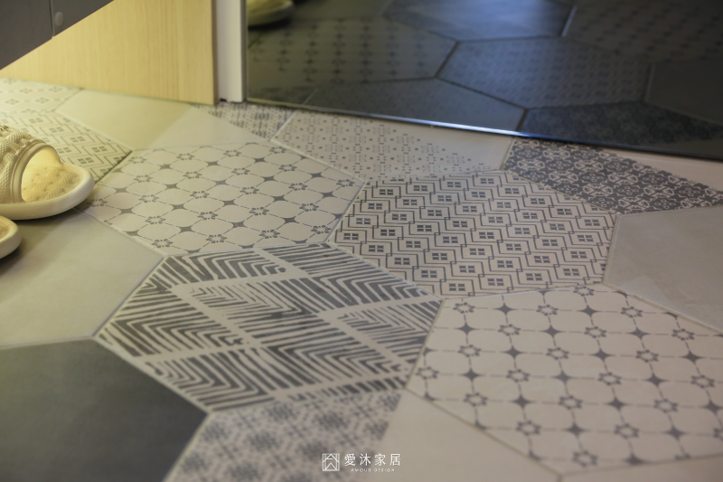 玄關六角花磚拼接地坪設計細節