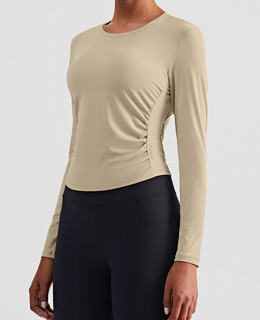 SALE-新款 | 春夏 裸感高彈抓皺修身 長袖上衣 Long Sleeves【淺駝色】