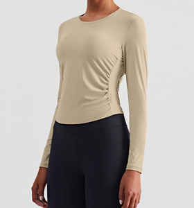 SALE-新款 | 春夏 裸感高彈抓皺修身 長袖上衣 Long Sleeves【淺駝色】