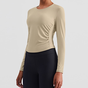 SALE-新款 | 春夏 裸感高彈抓皺修身 長袖上衣 Long Sleeves【淺駝色】