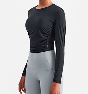 SALE-新款 | 春夏 裸感高彈抓皺修身 長袖上衣 Long Sleeves【黑色】