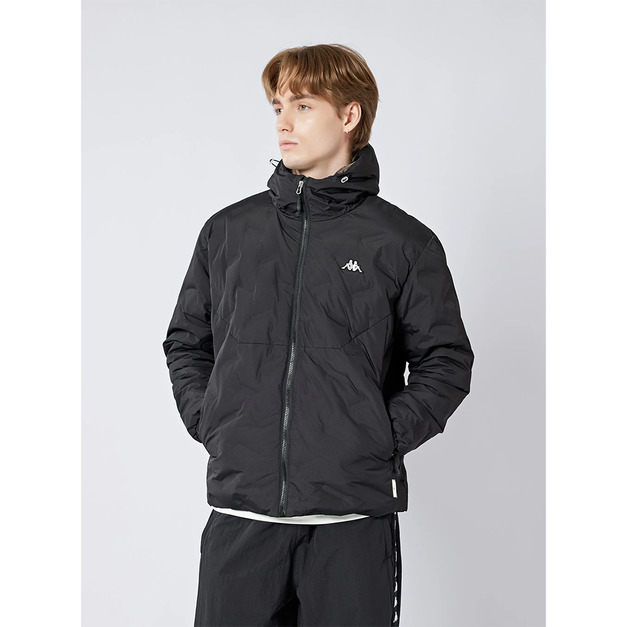 【KAPPA】中性防潑水保暖羽絨連帽外套-黑色 34235ZW005