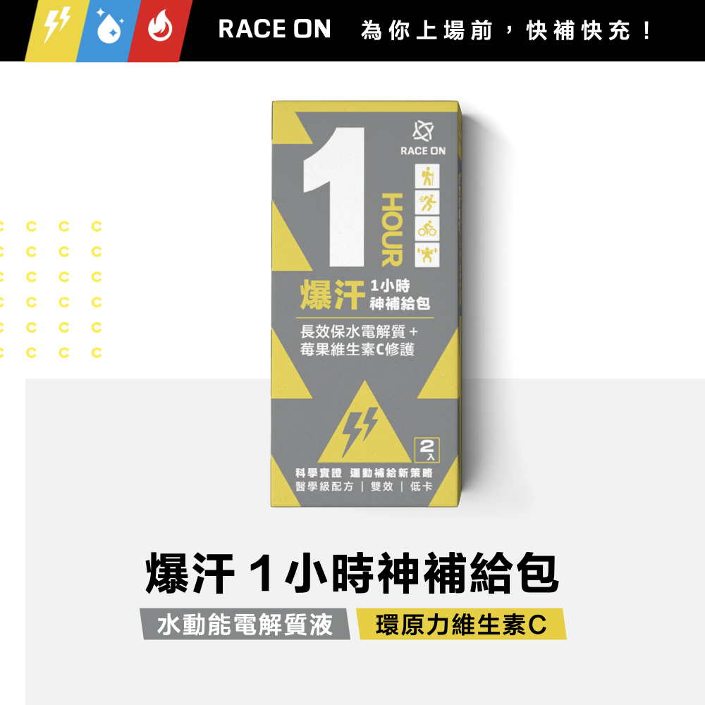 【Race On銳速】爆汗１小時神補給包 ( 水動能電解質液 × 1 +環原力維生素C × 1) 保水補水 高單位電解質 葡萄糖吸收快 低熱量 輕量化登山+運動後修復補給 抗氧化 鐵吸收 有助傷口癒合