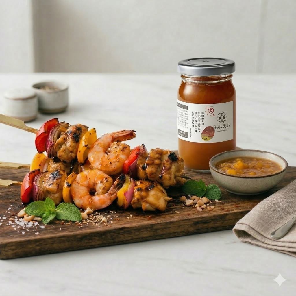 果茶醬料理：芒果醬烤鮮蝦雞肉串