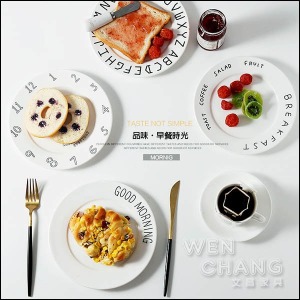 北歐風 塗鴉 深盤 陶瓷字母 數字 貓咪 早餐盤 西餐牛排平盤 Z078