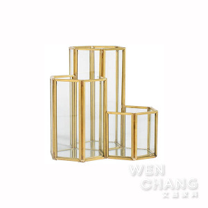 鍍金黃銅崁玻璃六角型三邊筆筒化妝筒 Z177-C