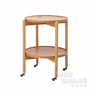北歐風 白橡木全實木 艾斯圓形雙層有輪邊几 TTB024