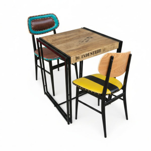 【希特餐桌｜安心搭配系列 NO7.】復古拼色一桌二椅 復古木紋 &times; 拼色皮革，輕工業感日常餐桌