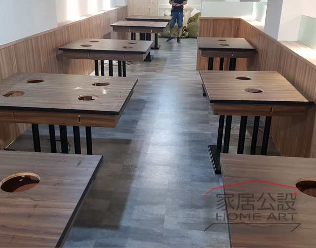 火鍋店裝修現場精準放樣丈量與美耐板桌位動線配置|家居公設