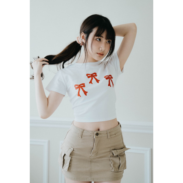 【jnauxz】黑色現貨!! 售完不補 首爾街頭 韓版蝴蝶結印花短上衣 (兩色)