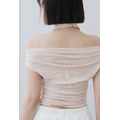 【jnauxz】本期摯愛 香檳粉緞面褶皺一字肩上衣_4