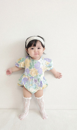 大花泡泡袖包屁衣(紫黃66-90)