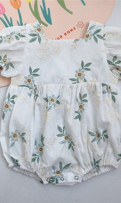 韓版緹花泡泡袖包屁衣(綠粉66-90)