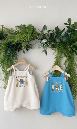 熊熊印花可愛吊帶褲(白藍66-90)