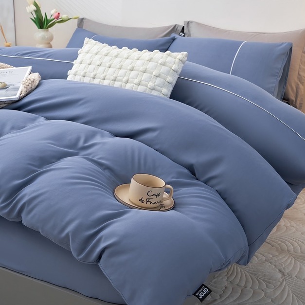 防皺天絲床包兩用被組 素色-微醺藍