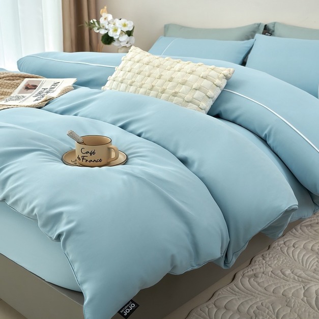 防皺天絲床包兩用被組 素色-湖光藍
