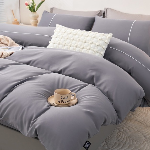 防皺天絲床包兩用被組 素色-銀葉灰