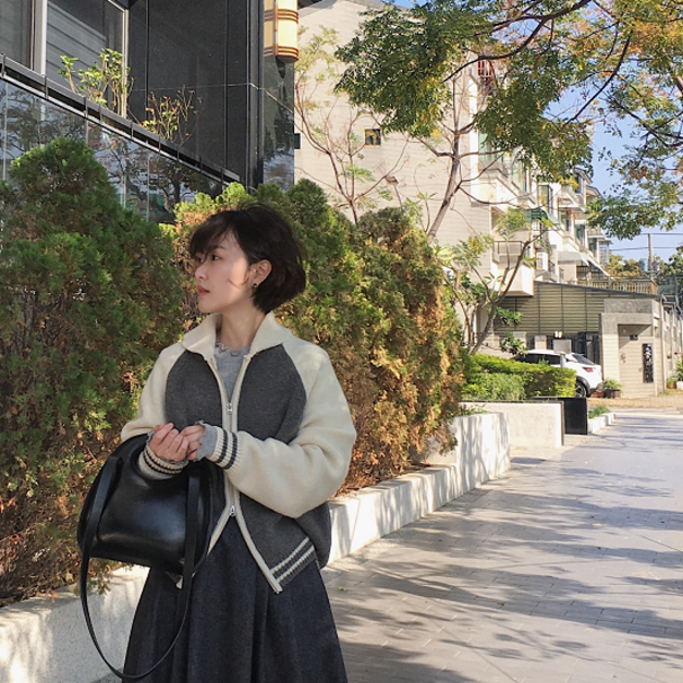 (70%極細羊毛)休閒復古拼色雙拉鍊外套 - 灰