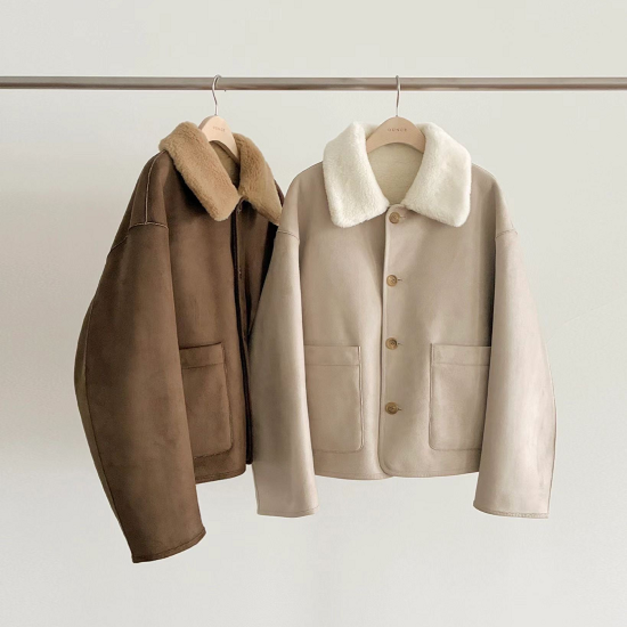 (OUNCE)(20%羊毛)雙面穿羔羊毛外套 - 奶白米杏