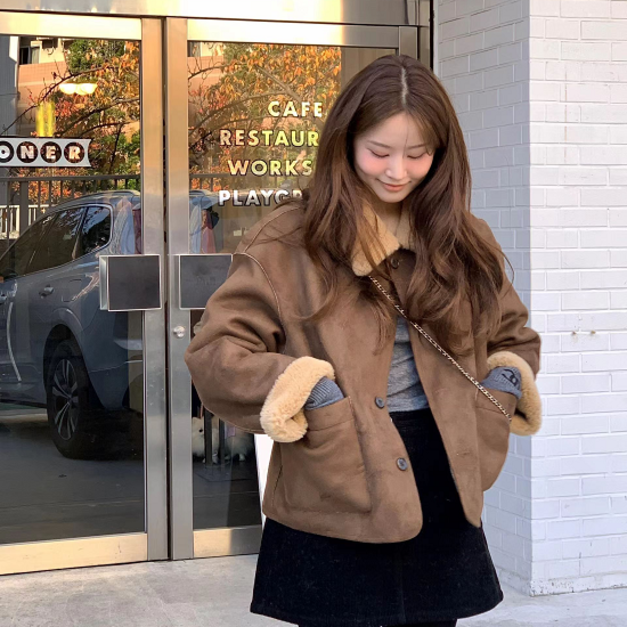 (OUNCE)(20%羊毛)雙面穿羔羊毛外套 - 泰迪熊咖啡