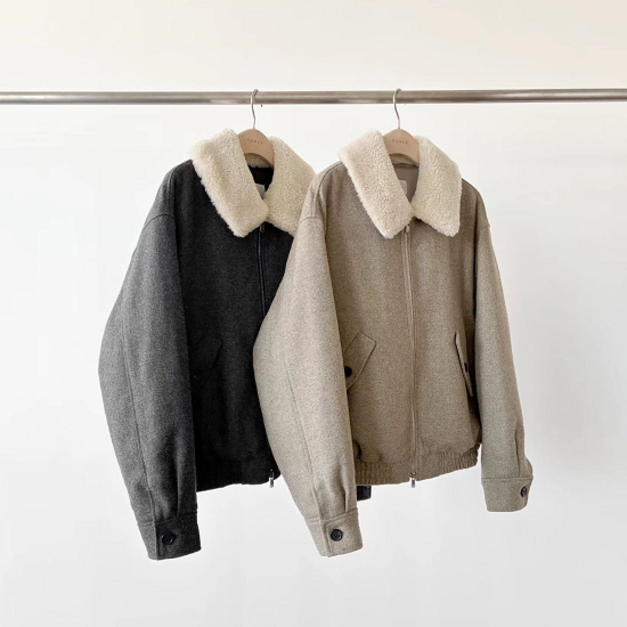 (OUNCE)(60%羊毛)可拆式毛領暖冬鋪棉夾克 - 深灰、米棕
